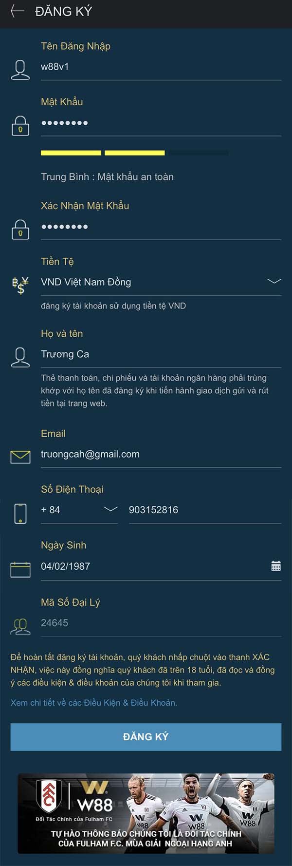 Đăng ký tài khoản W88